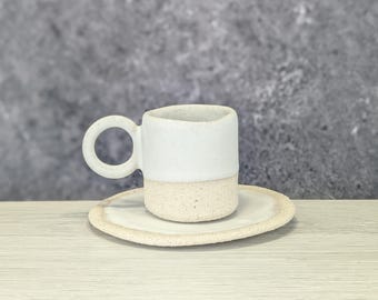 Textured Beige Coffee Cup with White Interior & Saucer | Ceramic Coffee Set | Modern Espresso Cup | Coffee Lover Gift | Table Decor