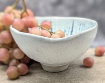 White Pedestal Fruit Bowl and Blue Crackle Interior | Elegant Footed Ceramic Centerpiece | Stoneware Fruit Stand | Wedding Housewarming Gift