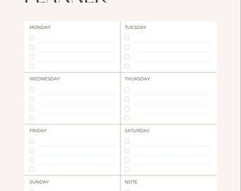 Può includere: Un planner settimanale con un design semplice. Ha sezioni per ogni giorno della settimana, dal lunedì alla domenica, e una sezione per le note. Ci sono righe vuote per scrivere compiti e appuntamenti.