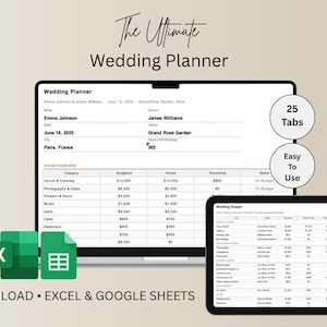 Peut inclure: Un tableur de planification de mariage numérique affiché sur un écran d'ordinateur portable et de tablette. L'interface présente des catégories budgétaires, des coûts et des colonnes de statut. Inclut des icônes Excel et Google Sheets, le texte The Ultimate Wedding Planner, 25 Tabs, Easy To Use et Instant Download.