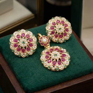 May include: A gold jewellery set comprising a pendant and matching earrings. Each piece is decorated with ruby gemstones, small pearls, and green accents, arranged in a floral design. The set is displayed on a dark green velvet surface.