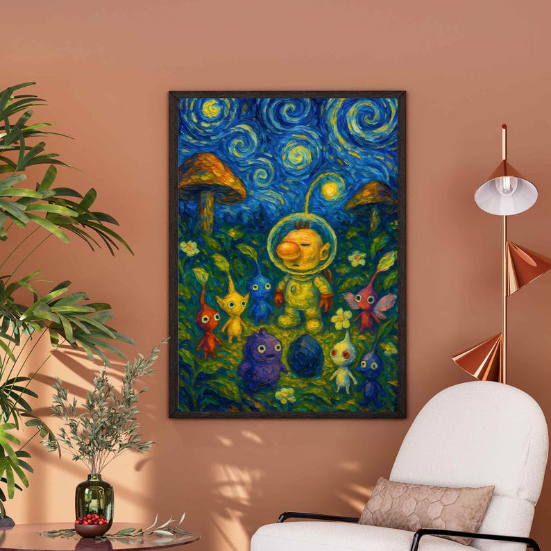 May include: Framed art print featuring a whimsical illustration of a yellow astronaut-like figure and colorful creatures in a starry night setting. The artwork has a painterly style with vibrant blues, yellows, and greens, reminiscent of a famous painting.