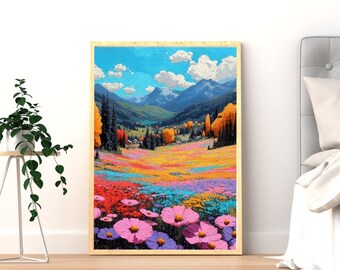 Mountain Wildflower Field Art Print: Surreal Landscape (Digital Download)