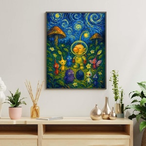 May include: Framed art print featuring a whimsical scene with a yellow astronaut-like figure surrounded by colorful creatures and mushrooms, set against a swirling blue and yellow night sky. The artwork has a painterly style with vibrant colors and a fantasy theme.