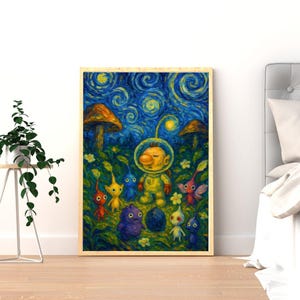 May include: A framed art print featuring a whimsical scene with a yellow astronaut-like figure and colorful creatures in a vibrant, starry night setting. The artwork has a painterly style with a wooden frame.