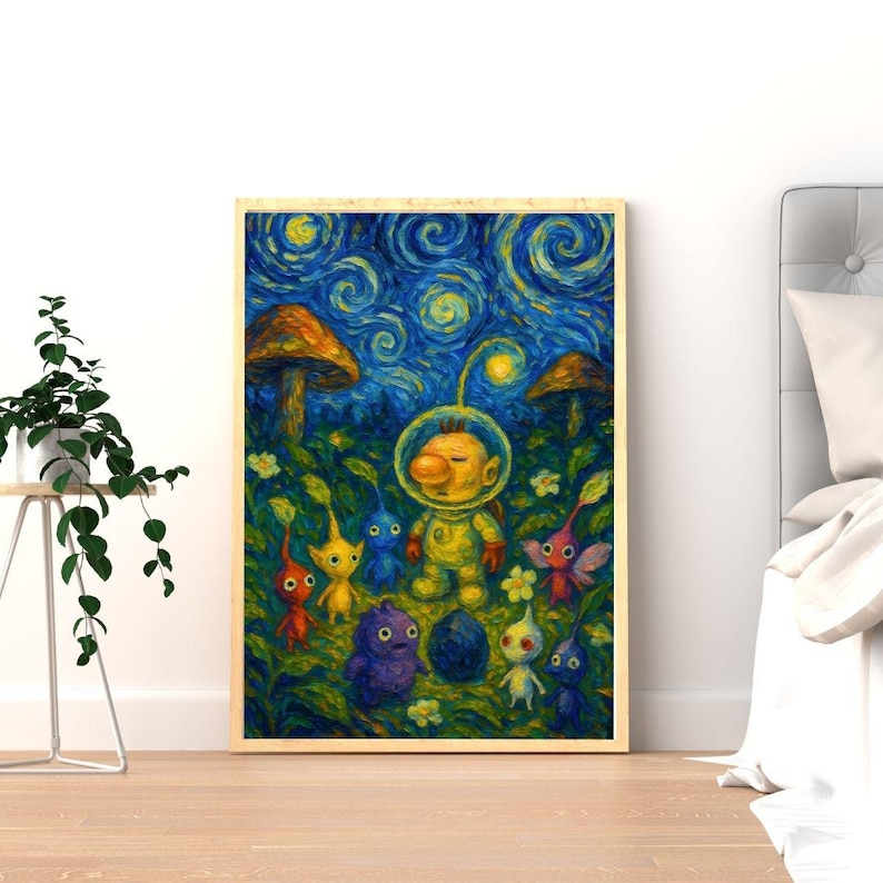 May include: A framed art print featuring a whimsical scene with a yellow astronaut-like figure and colorful creatures in a vibrant, starry night setting. The artwork has a painterly style with a wooden frame.
