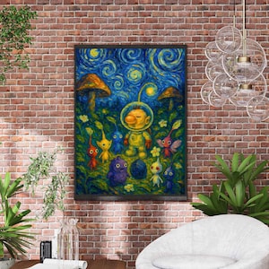 May include: A framed art print featuring a whimsical scene with a yellow astronaut-like character and colorful creatures set against a starry night sky. The artwork has a painterly style with vibrant blues, greens, and yellows, reminiscent of a famous painting.