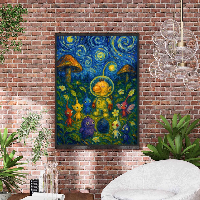 May include: A framed art print featuring a whimsical scene with a yellow astronaut-like character and colorful creatures set against a starry night sky. The artwork has a painterly style with vibrant blues, greens, and yellows, reminiscent of a famous painting.