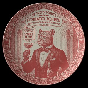 Può includere: Un piatto decorativo nei toni del rosso e del crema. Il piatto presenta un'illustrazione stilizzata di un giaguaro in smoking che tiene in mano un bicchiere di vino e una bottiglia. Il testo sul piatto recita "Dr Fizzy's Tonics Tomato Soiree" e "Your Social Sparkle Elixir."