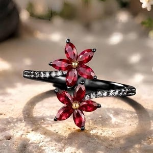 Marquise Cut Lab Ruby 925 Sterling Silver Ring, Flower Design Ring
