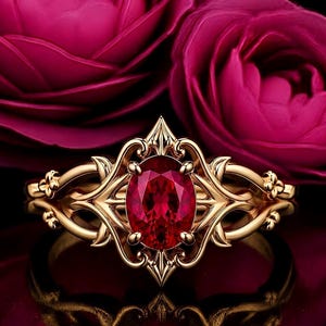 Può includere: Un anello in oro con una pietra preziosa rosso scuro dal taglio ovale, incastonata in una montatura in metallo decorativa e complessa con motivi a volute. La fascia presenta una lavorazione del metallo simmetrica e ornata.