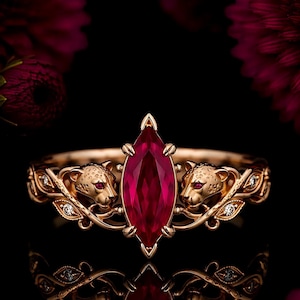 Ring met marquise geslepen laboratoriumrobijn, sterling zilveren verlovingsring, Halloween leeuwenring