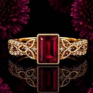 May include: A gold ring featuring a central rectangular emerald-cut deep red gemstone framed by a beaded border. The band displays intricate openwork metal patterns accented with small round clear stones along the sides of the setting.