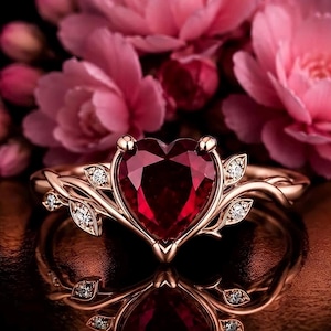 Puede incluir: Un anillo de oro rosa con una piedra preciosa roja central en forma de corazón. La banda presenta motivos de enredaderas y hojas de metal, decorados con pequeñas piedras blancas redondas incrustadas a lo largo de las ramas, sobre flores rosas.