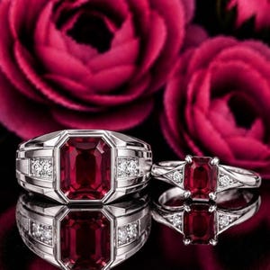 Può includere: Due anelli in argento con pietre preziose rosso scuro taglio smeraldo come pietre centrali. L'anello più grande ha una fascia larga con piccole pietre rotonde sui lati, mentre l'anello più piccolo ha una fascia sottile con accenti triangolari.