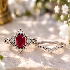 Lab Ruby 925 Sterling Silver Ring Set