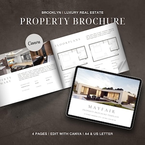 May include: A property brochure template with the text "PROPERTY BROCHURE" and "MAYFAIR PROPERTY BROCHURE TEMPLATE". The brochure includes floorplans and property summaries. The image also shows a tablet and the Canva logo.