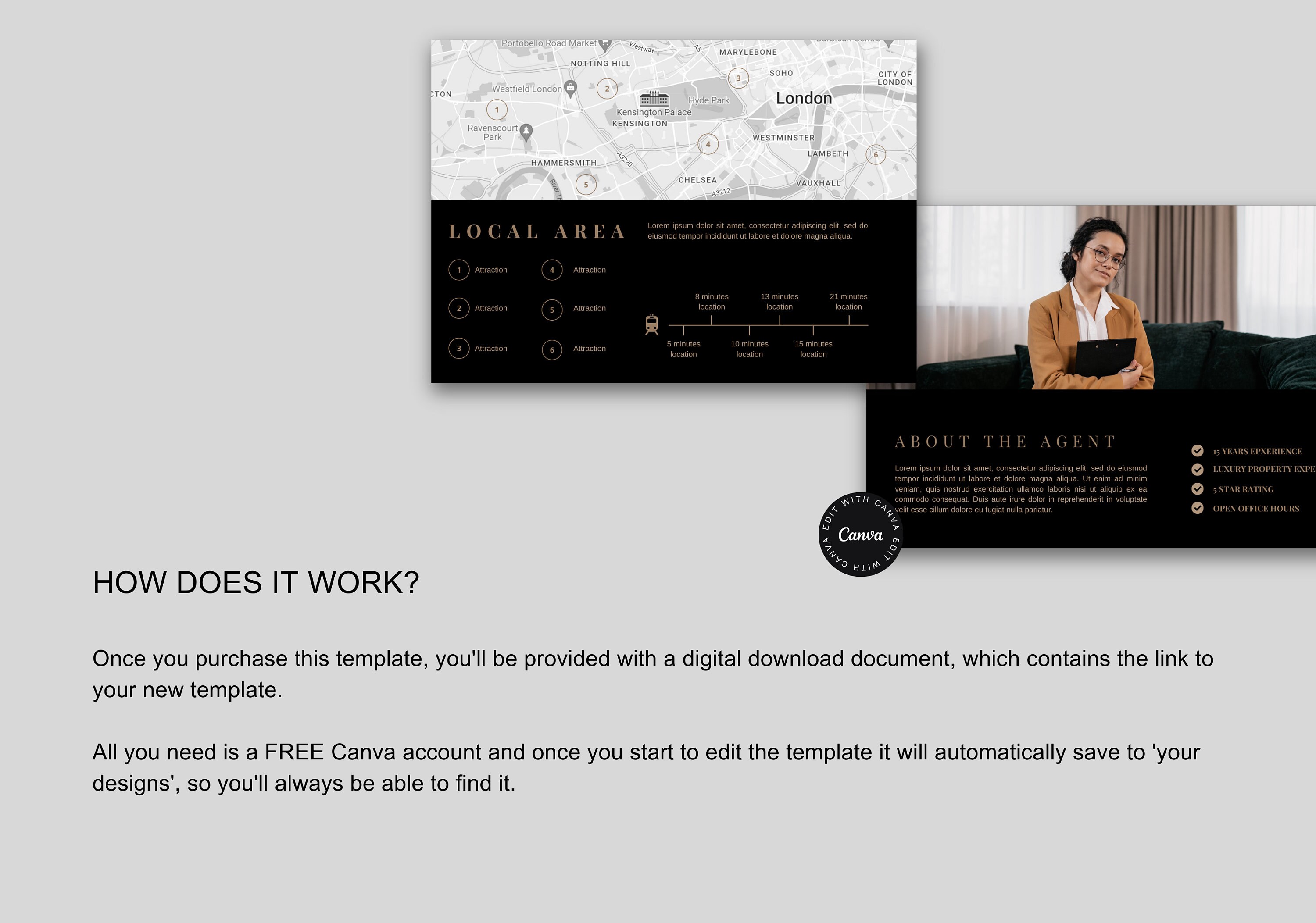 Wharf Luxury Real Estate Brochure Canva Template | Black & Gold/brown ...