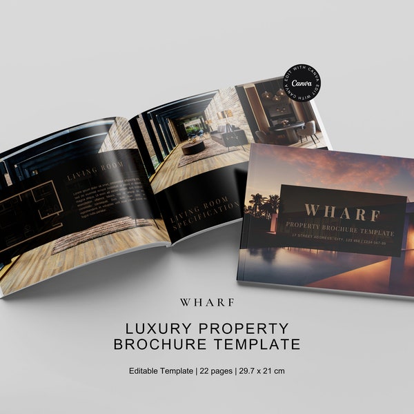 Wharf Luxus-Immobilien Broschüre Canva Vorlage | Schwarz & Gold / Braun Design | Für Verkaufs- und Marketing-Immobilien | Druck oder digitale Präsentation