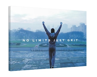May include: A motivational poster featuring a man with his arms raised in the air, standing on a city street. The text "NO LIMITS JUST GRIT" is printed in white on a blue background.