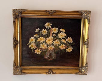 Vintage Frans bloemenolieverfschilderij ~ Marguerite Daisys in oogstmand
