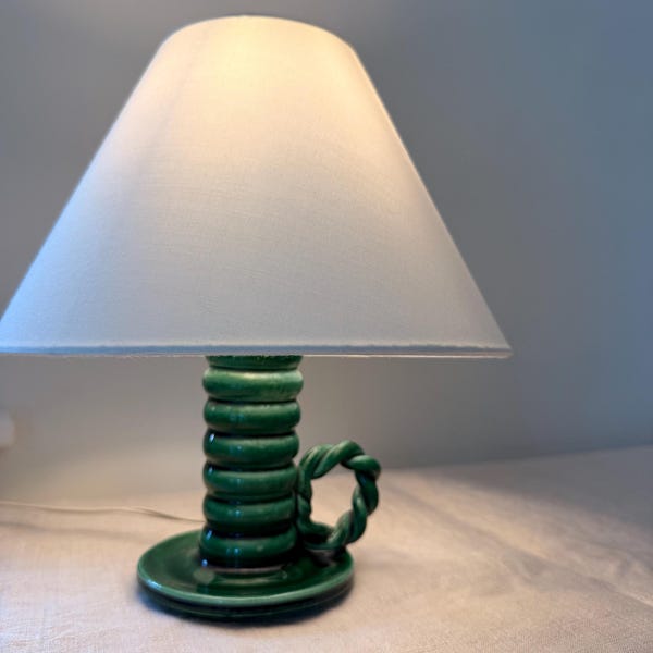 Vintage French Vallauris Green Glazed Table Lamp with Handle
