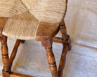 Vintage French Brutalist Rush Seat Rope Oak Stool