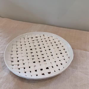 Vintage White Ceramic Woven Lattice Glazed Plate ~ Attributed to Vallauris