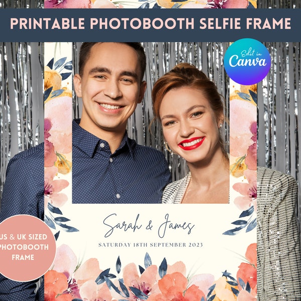 Photo Prop Frame, Photo Booth Frame, Selfie Prop Frame, Peony Floral Wedding, Bridal Shower, Editable Template, Instant Download