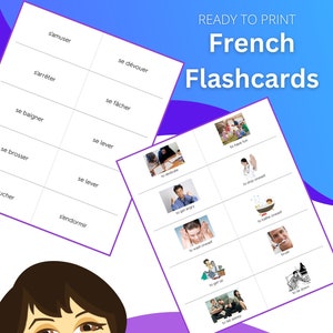 Pode incluir: Um conjunto de flashcards francês imprimíveis com verbos reflexivos. Os flashcards incluem imagens e traduções em inglês dos verbos. As imagens retratam pessoas realizando ações como ficar com raiva, escovar os dentes e se vestir.