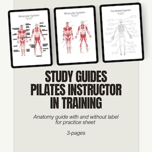 Könnte beinhalten: Drei digitale Tablets mit anatomischen Diagrammen des Muskel- und Skelettsystems. Die Tablets sind schwarz mit weißem Text und Illustrationen. Das Bild enthält den Text "STUDY GUIDES PILATES INSTRUCTOR IN TRAINING".