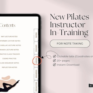 Puede incluir: Cuaderno digital para instructores de Pilates en una tableta. El cuaderno incluye secciones para notas, seguimiento, indicaciones, secuencia y reflexión. El texto dice "New Pilates Instructor In-Training" y "For Note Taking". Cuenta con pestañas clickeables, más de 20 páginas y descarga instantánea.