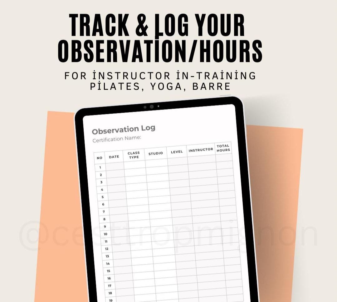 Basic Observation Hours Log for Pilates, Yoga, Barre Instructor Student ...