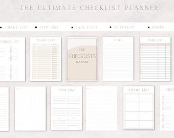 May include: A printable checklist planner with different list templates, including a to-do list, a chart list, an item list, a task list, and a checklist. The planner has a minimalist design with a beige background and black text.