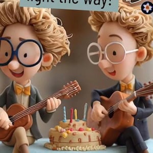 Könnte beinhalten: Eine skurrile Geburtstagskuchenszene mit zwei Cartoonfiguren, die Gitarre spielen. Der Kuchen hat Kerzen und der Text "30 candles light the way!" wird darüber angezeigt. Der Kuchen ist mit der Zahl 30 verziert.