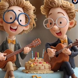 May include: A whimsical illustration features two cartoon figures playing guitars, with a birthday cake in the center. The cake has candles and the number 30. The text "It's your big day!" is at the top.