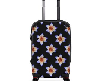 Travel Luggage, Small Carry-On, Hard Shell, 360º Spinner Wheels, Adjustable Handle, Rolling Suitcase, Periwinkle Daffodil - Black