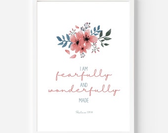 Psalmen 139:14, ik ben angstig en wonderbaarlijk gemaakt, meisje, kinderkamer, babycadeau, schrift, dochter, kleindochter, babyshower, afdrukbaar