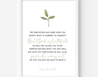 1 Korintiërs 10:13, Geen verzoeking, God is trouw, christelijke kunst aan de muur, christelijk decor, christelijk geschenk, bijbelvers, schrift, afdrukbaar