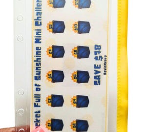 Pocketful of Sunshine Mini Savings Challenge – Reusable A6 Laminated Insert - Yellow Zipper Envelope - Sun Themed - Save 78