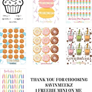 May include: A collection of nine printable savings challenge sheets featuring colorful illustrations of cupcakes, macarons, popsicles, cookies, donuts, boba tea, and birthday candles with text including SavinMeekz and various pricing labels.