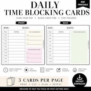 Puede incluir: Tarjetas de bloqueo de tiempo diario en PDF imprimible con diseño de frente y reverso. El frente incluye un horario de 5 AM a 2 PM, 3 prioridades principales y tareas secundarias. El reverso muestra un horario de 3 PM a 11 PM y notas.