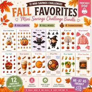 May include: A printable PDF bundle featuring 12 mini savings challenges with fall themes. The collection includes Halloween, autumn, and Thanksgiving designs with icons like pumpkins, ghosts, bats, witches, leaves, sweaters, and food items.