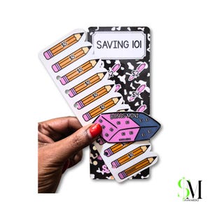 May include: A set of paper money saving trackers featuring a black and white cow print background with the text SAVING 101. The trackers include illustrations of yellow pencils labelled with $5 and a purple leaf-shaped BONUS MINI tracker with $3.
