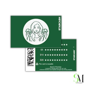 May include: Green gift card with the word STARCASH in white. The card features a white circle with a woman holding money. The card has a barcode and the text "This card is reusable".