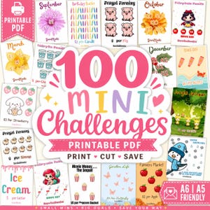 May include: A selection of printable PDF mini challenges, featuring a pink and white design. The image showcases various themed cards with illustrations and text, including "September," "Birthday Buckz," and "Farmers Market." The text "100 Mini Challenges" is prominently displayed.