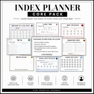 Puede incluir: Un paquete básico Index Planner con varias tarjetas imprimibles que incluyen Month at a Glance, Task Card, Bill Tracker, Meal, Grocery List, Brain Dump, Medication Tracker y A Dollar a Day. Las tarjetas incluyen instrucciones y la marca Savinmeekz.