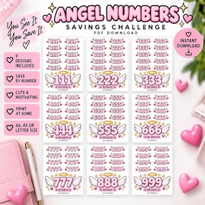 Puede incluir: Una hoja de desafío de ahorro digital titulada Angel Numbers que presenta nueve secciones con números repetidos del 111 al 999. Cada sección incluye un número grande con alas de ángel y un halo, además de iconos para metas de ahorro.