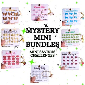 May include: A collection of mini savings challenges with various themes, including butterflies, cars, bows, bananas, avocados, cherries, roses, and paw prints. Each card features a unique design and a corresponding savings goal. The text "Mystery Mini Bundles" is displayed.