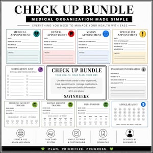 May include: A medical organization check up bundle featuring various printable task cards for tracking appointments, medications, insurance, and financial accounts. The layout includes labeled sections with icons, checkboxes, and fillable lines for health management.
